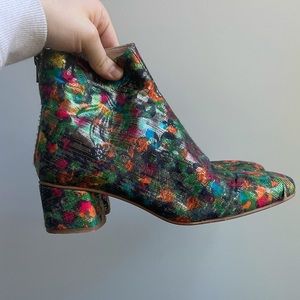 Anthropologie Floral Metallic Booties Low Block Heel Leather Interior Size 8